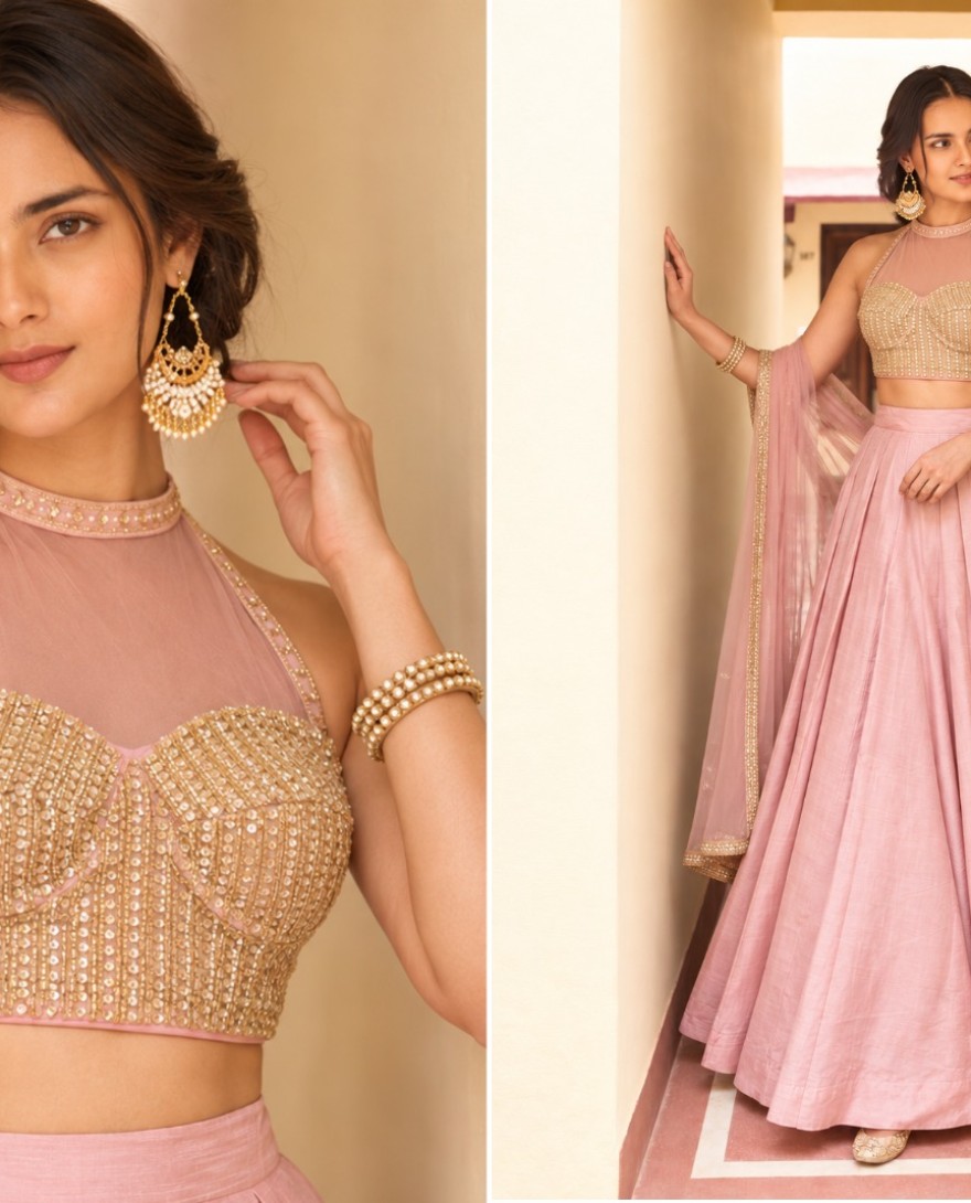 9030 - Silk Pink Plain Lehenga Choli